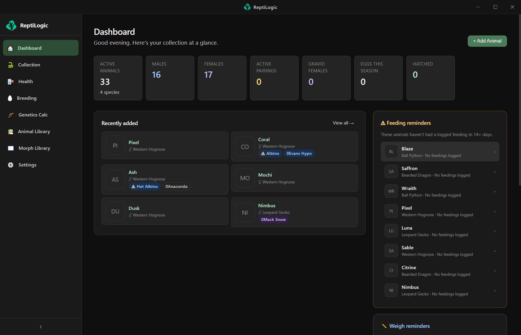 ReptiLogic dashboard showing collection summary and care reminders