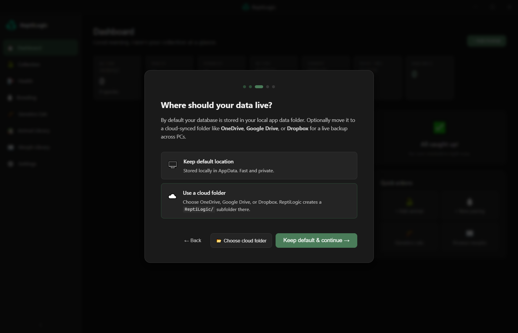 First-run wizard database setup screen